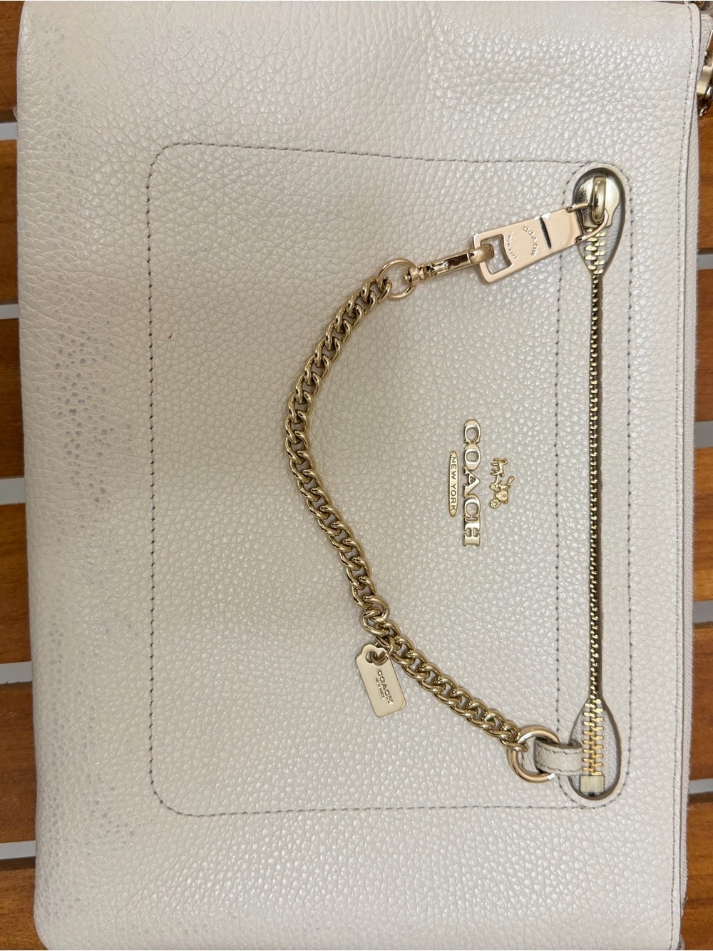 Coach Cream Pebbled Leather Wristlet with Gold Chain Detail